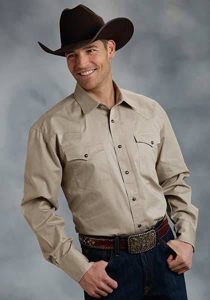 Roper Mens Tall Amarillo Solid Poplin Long Sleeve Snap Shirt - Khaki Brown