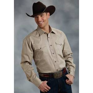 Roper Mens Tall Amarillo Solid Poplin Long Sleeve Snap Shirt - Khaki Brown
