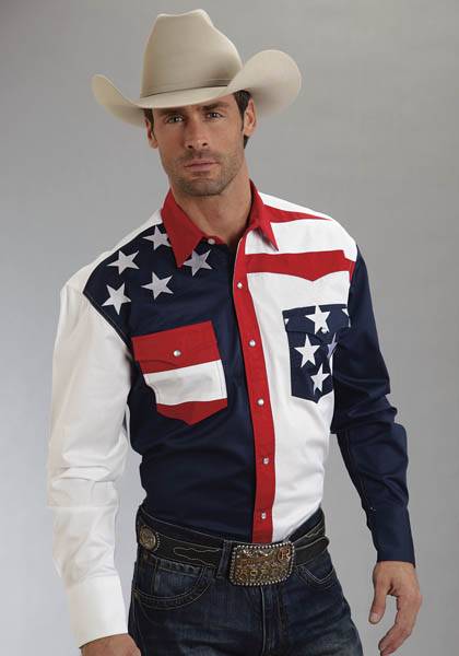 Roper Mens Americana Collection Colorblocked Flag Long Sleeve Snap Shirt