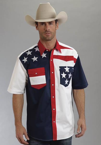 Roper Mens Americana Colorblock Flag Short Sleeve Snap Shirt