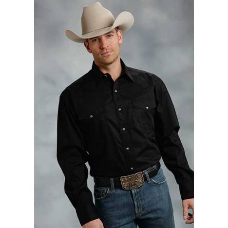 Roper Mens Poplin One Point Yoke Long Sleeve Variegated Snap Shirt - Black