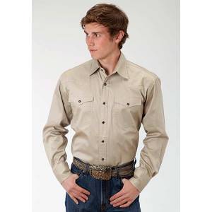 Roper Mens Poplin Two Pocket Long Sleeve Variegated Snap Shirt - Tan