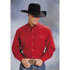 Roper Mens Poplin Western Long Sleeve Variegated Button Shirt - Red
