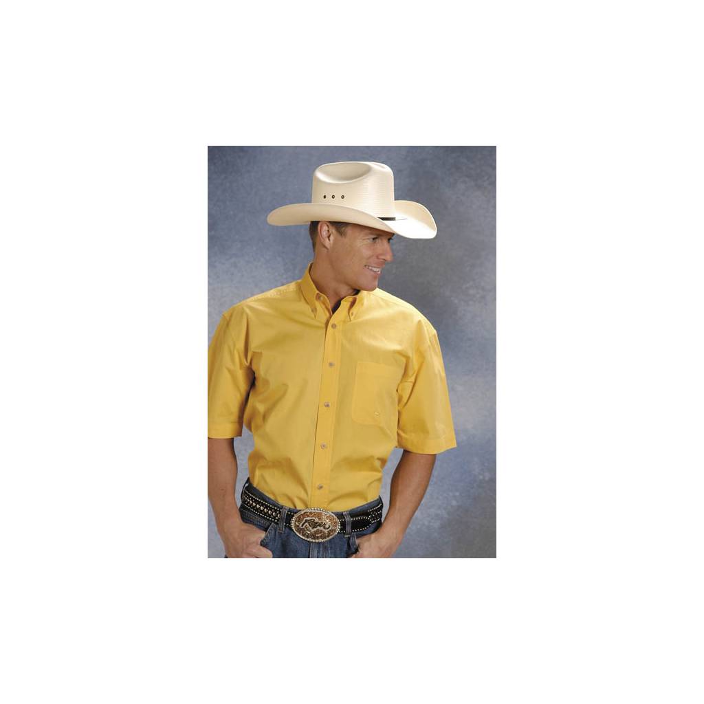 Roper Mens Solid Poplin Short Sleeve Variegated Button Shirt -Yellow