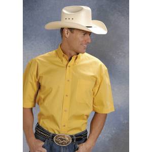 Roper Mens Solid Poplin Short Sleeve Variegated Button Shirt -Yellow