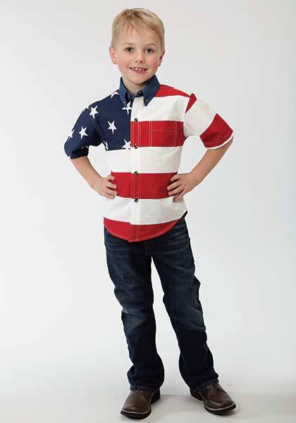 Roper Boys Stars & Stripes American Flag Short Sleeve Button Shirt