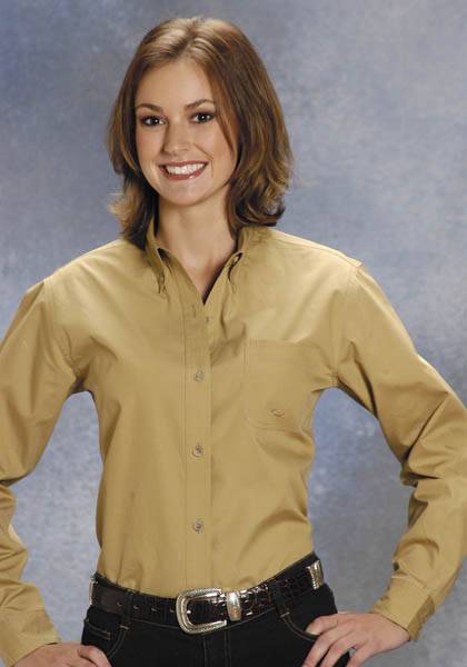 Roper Ladies Poplin Long Sleeve Variegated Button Shirt - Khaki
