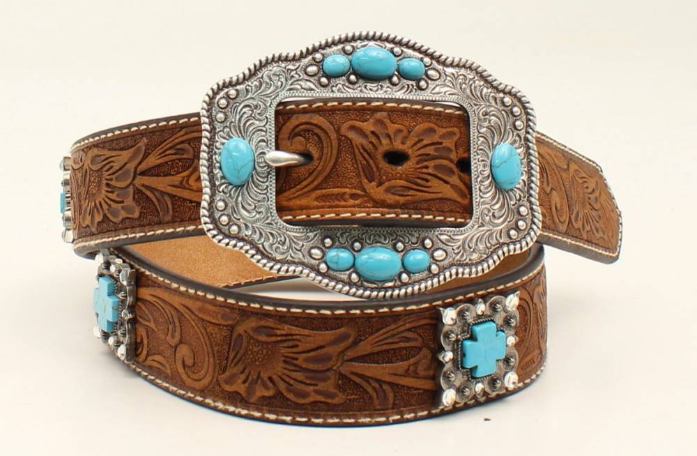 Ariat Ladies 1 1/2 Floral Emboss Stone Cross Concho Belt And