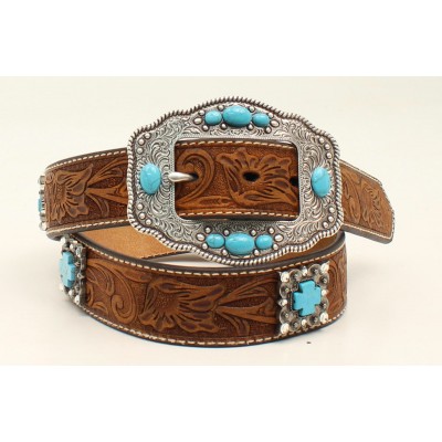 Ariat Ladies 1 1/2 Floral Emboss Stone Cross Concho Belt And