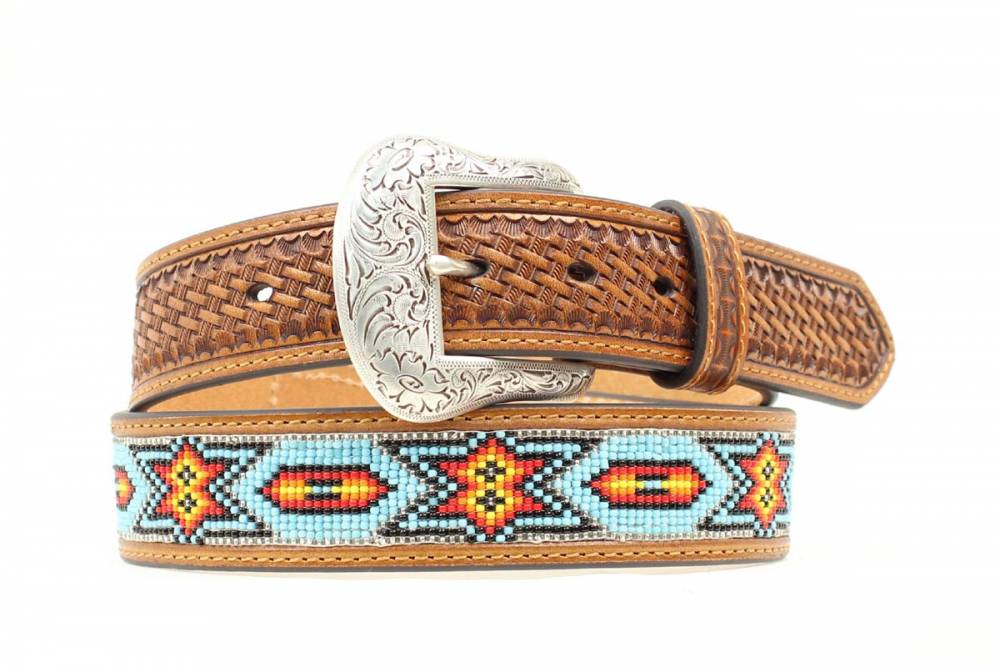 Nocona Mens 1 1/2 Basketweave Tabs Aztec Star Bead Inlay Belt