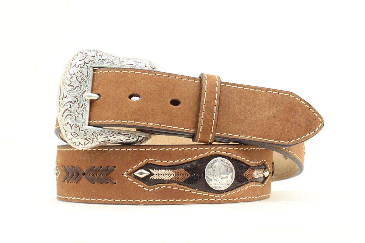 Nocona Mens 1 1/2 Buffalo Concho Feather Stitch Tabs Laced Belt