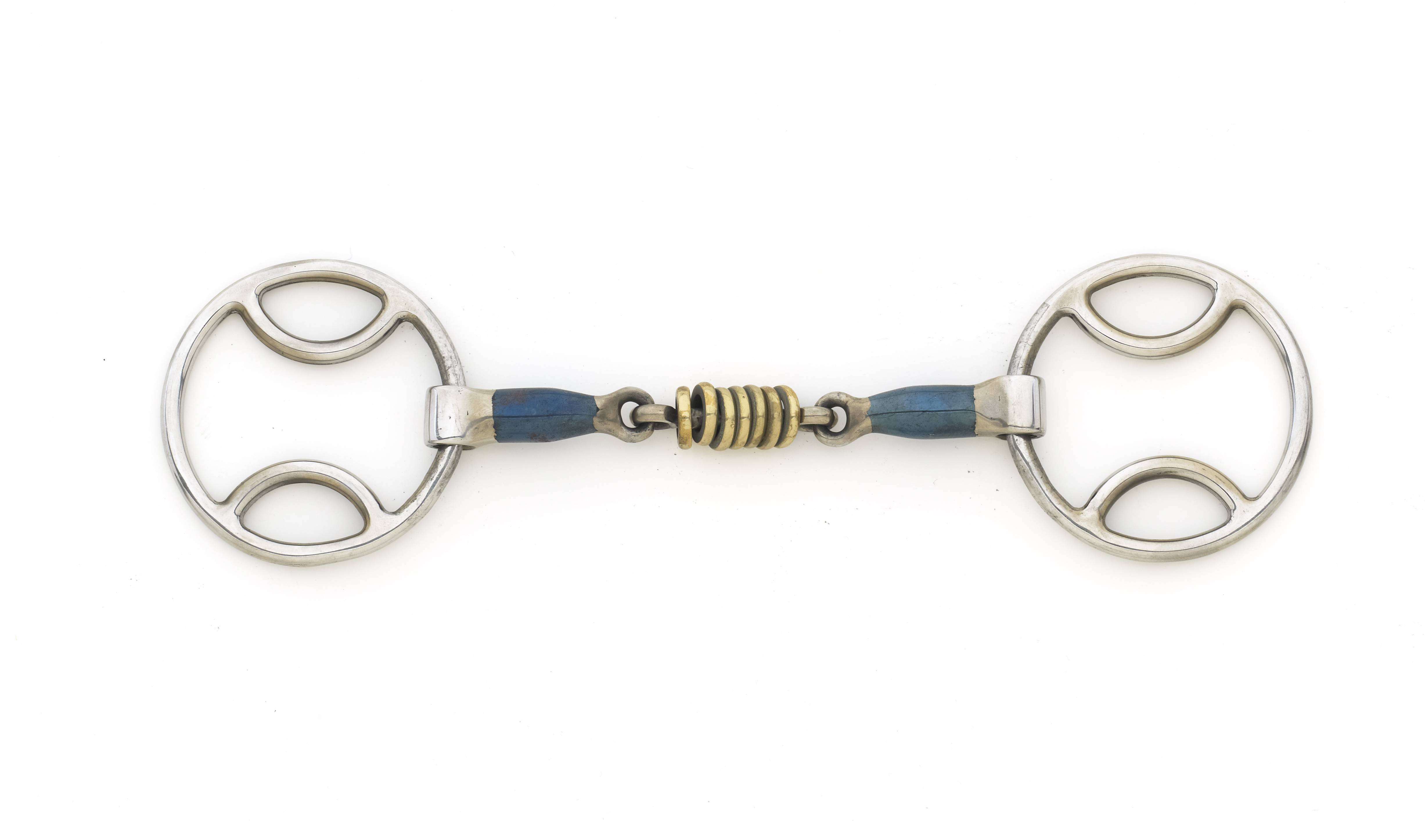 Centaur Blue Steel Double Joint Loop Ring Gag with Brass Rollers