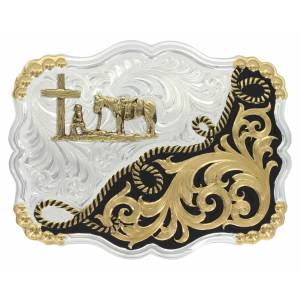 Montana Silversmiths Two Tone Rope and Filigree Buckle with Christian Cowboy