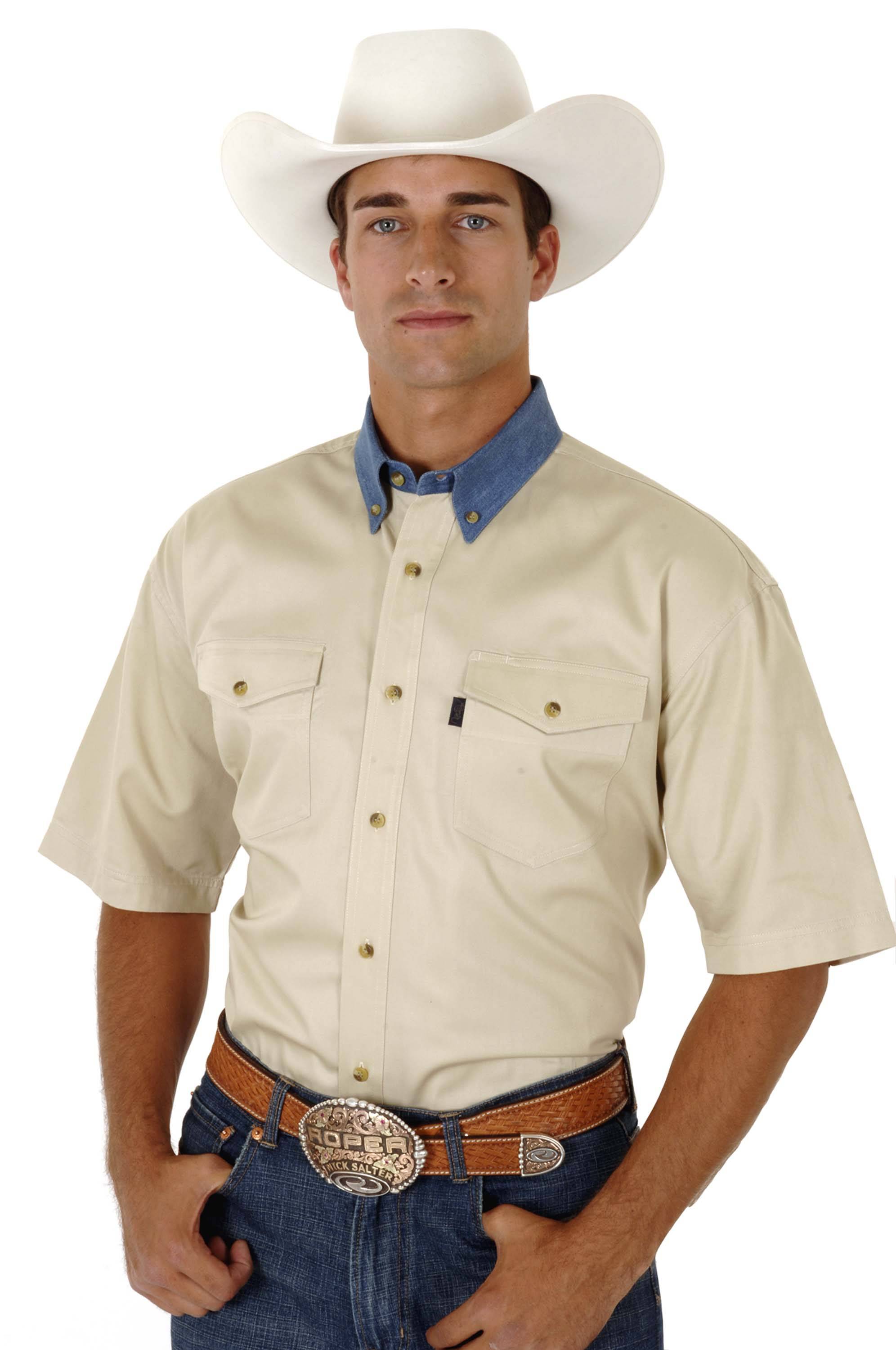 Roper Men's Khaki Twill Short Sleeve Shirt with Denim Button Down