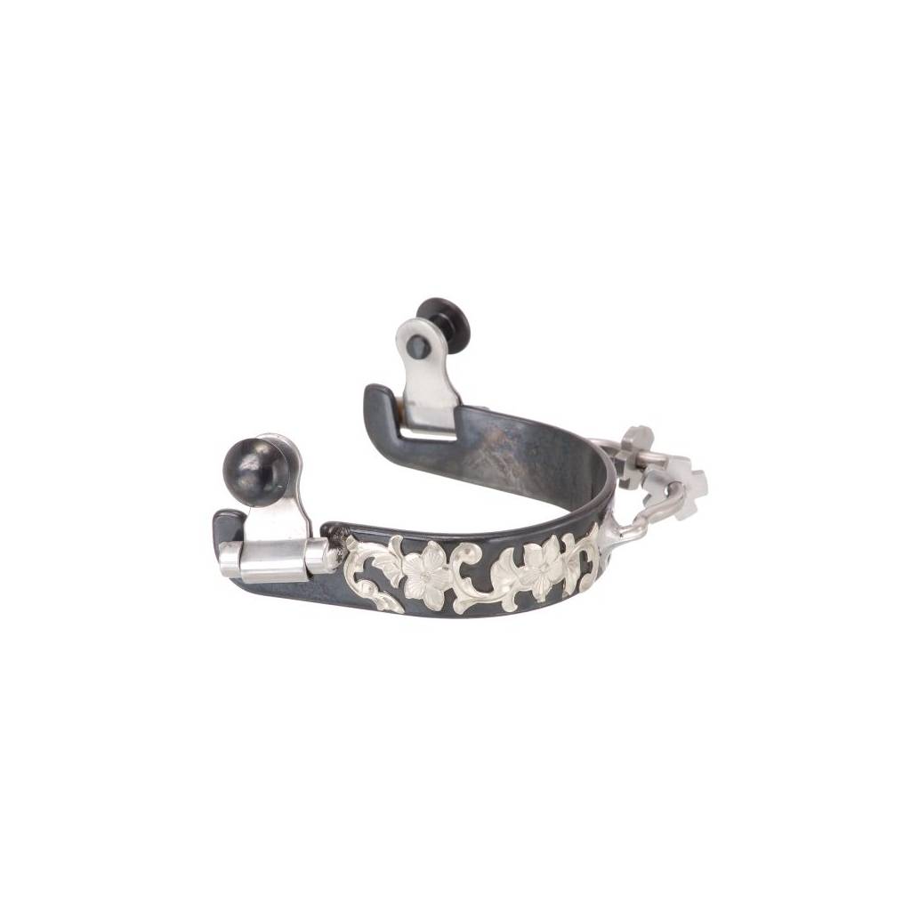 Black Steel Ladies Bumper Spurs with Engraved Floral Silver Overlay