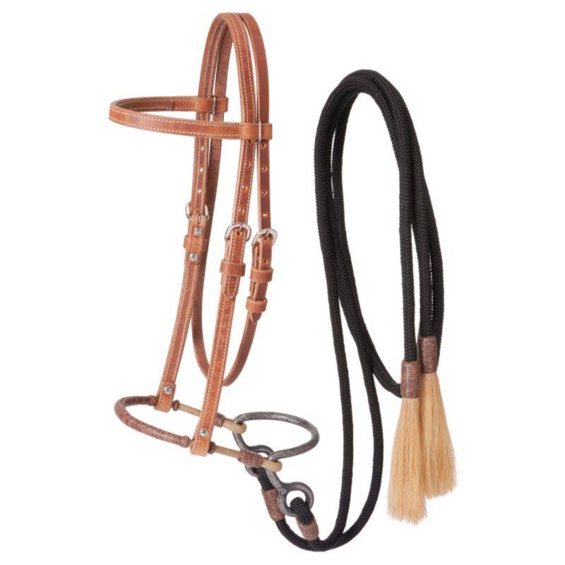 Tough1 Harness Leather Headstall with  Training Bosal & Cord Split Reins