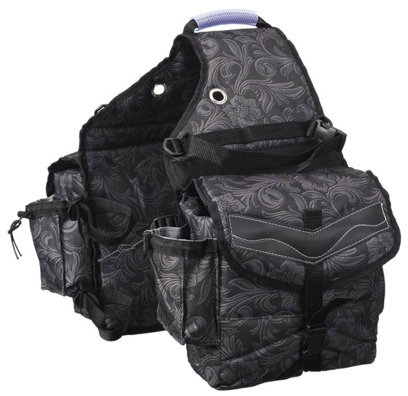 Tough-1 Multi-Pocket Insulated Nylon Saddle Bag - Tooled Leather Print