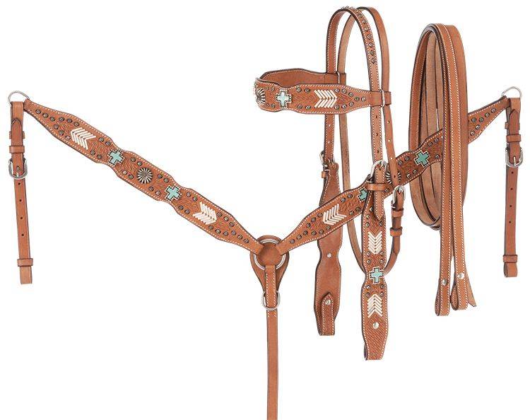 Silver Royal Silver Turquoise Cross Show Set - Headstall, Breastcollar, Reins