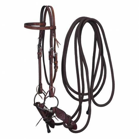 Tough-1 Leather Browband Headstall, Snaffle & Mecate Set