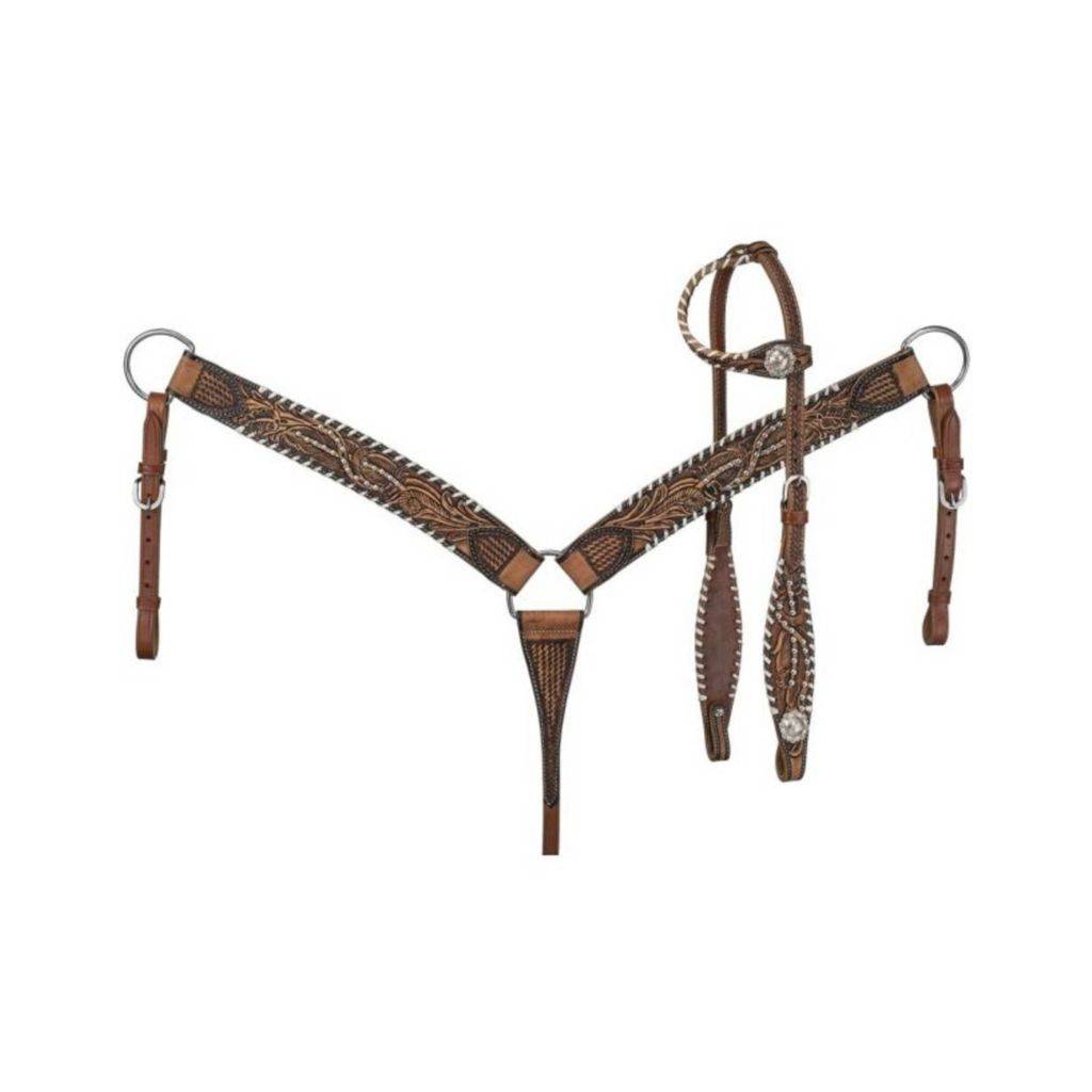 Silver Royal Feather and White Lace Headstall and Breast Collar Set