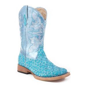 Roper Kids Faux Leather Glitter Floral Print Boots